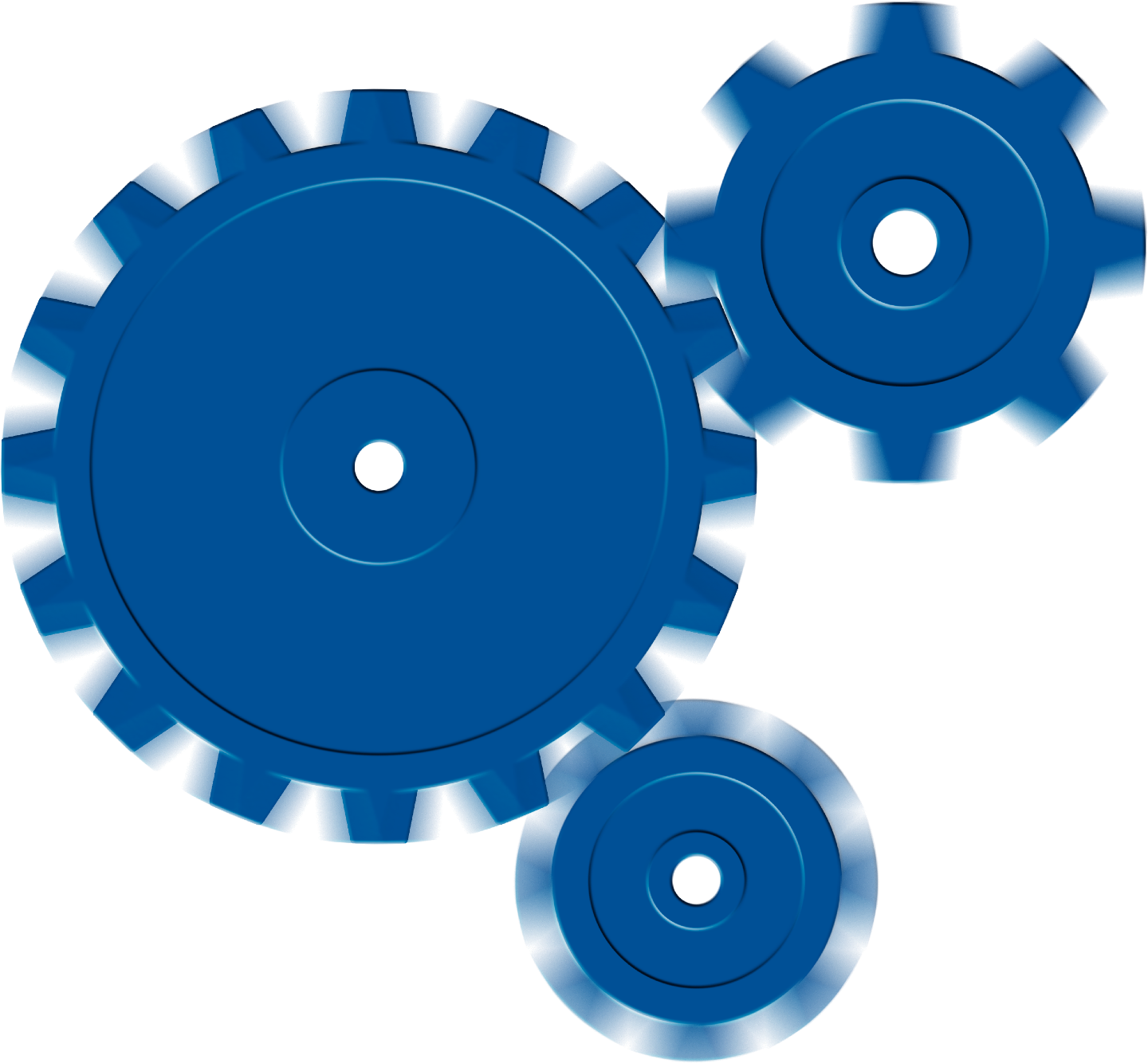 Photorealistic illustration of three interlocking blue cogwheels in motion, transparently superimposed over a colorful abstract painting of the same cogwheels.
