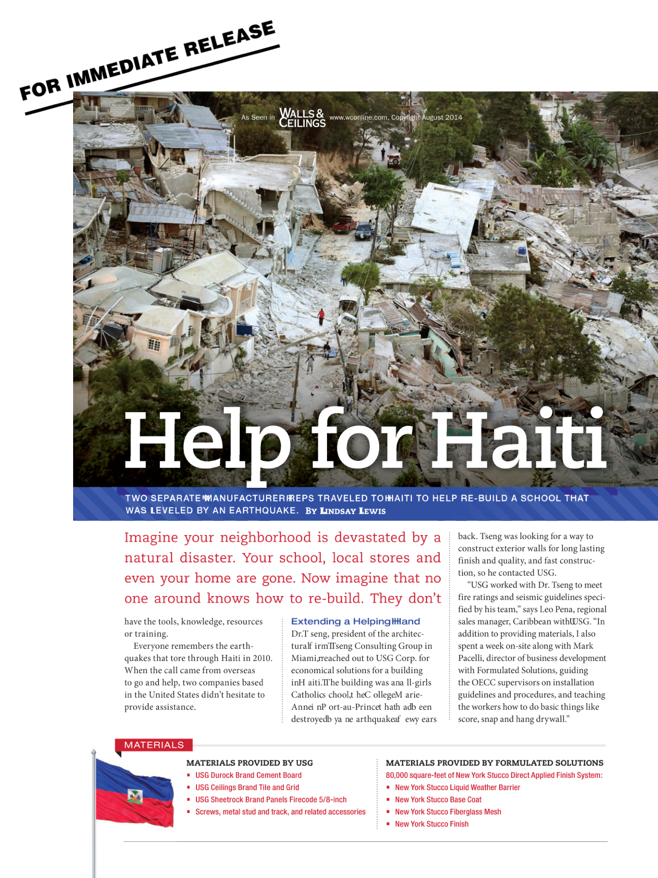 First page of a feature article in entitled “Help for Haiti” which features our client’s products and assistance to that nation. A “for immediate release” diagonally place at the upper left corner suggests that this article resulted from a press release. (It did.)