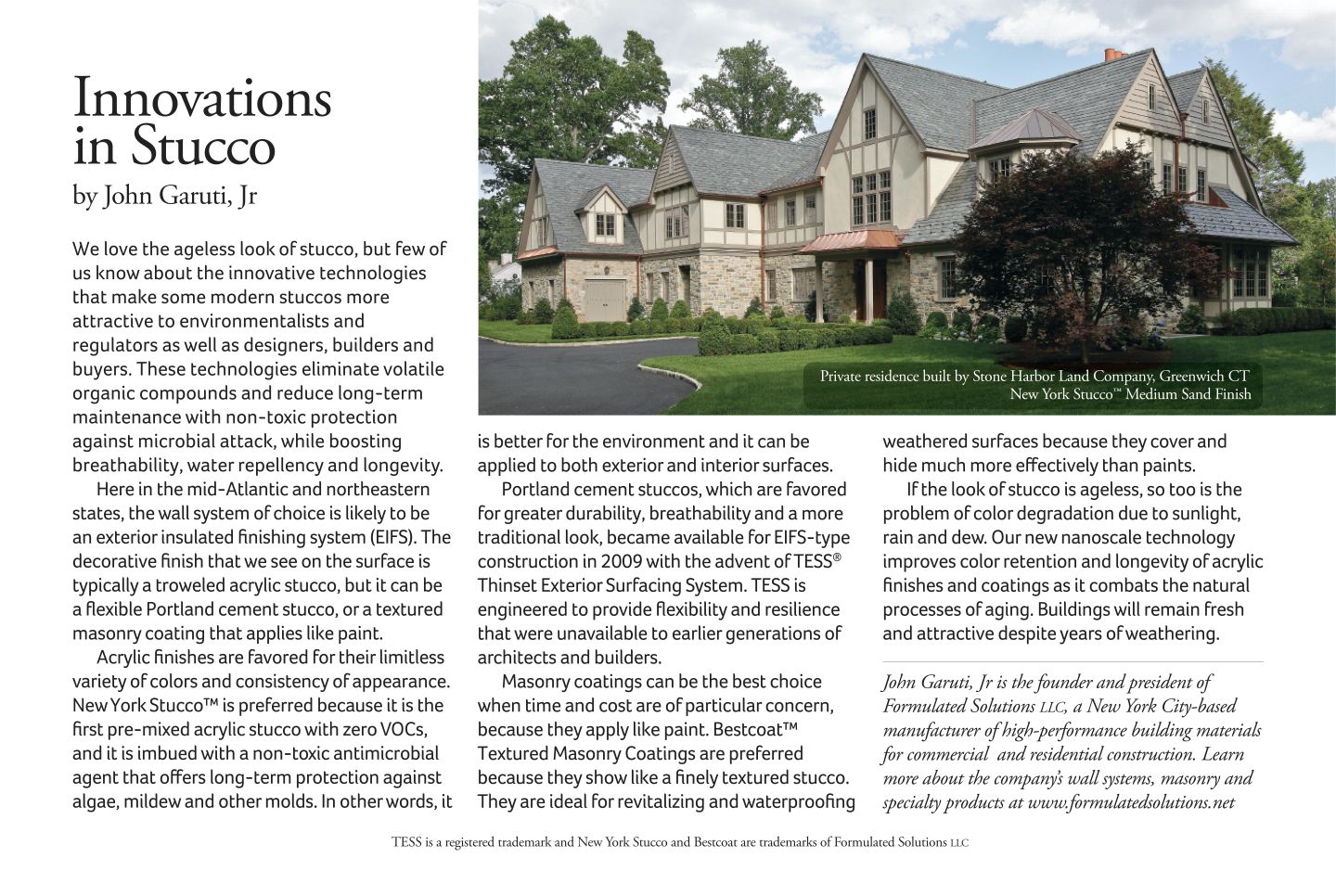 Half-page horizontal story about Innovations in Stucco along with a photo of a beautiful stucco mansion.
