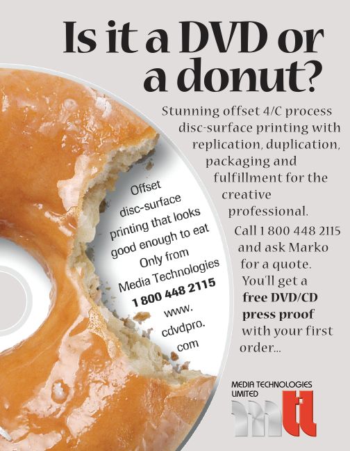 This is a quarter-page ad that features an enticing photograph of a glazed donut with a big bite taken out of it, with crumbs lying  on a digital disc. The headline asks “Is it a DVD or a donut?”